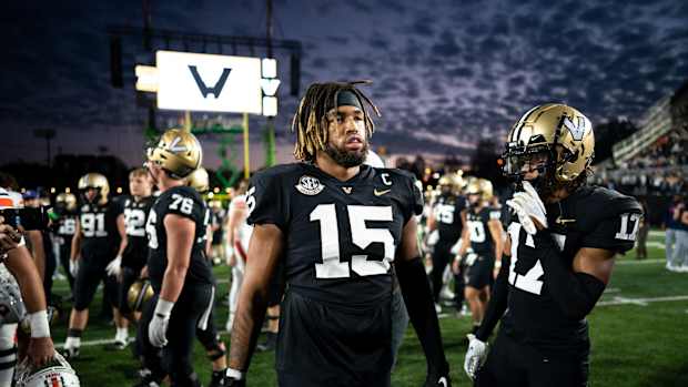 Vanderbilt defensive end Nate Clifton (15) exits the field after their loss to Auburn at FirstBank Stadium in Nashville, Tenn., Saturday, Nov. 4, 2023.