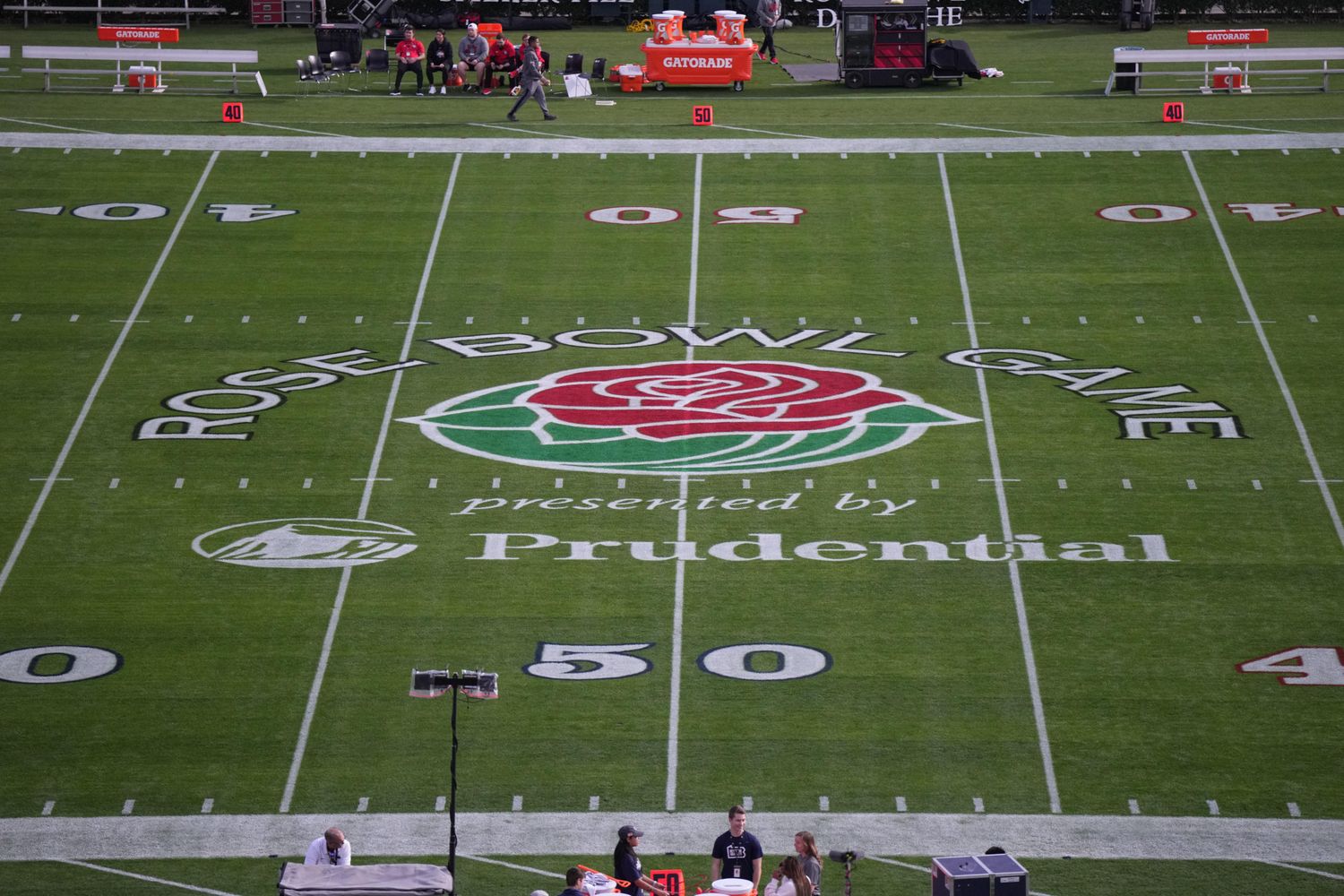 Jan 2, 2023; Pasadena, California, USA; General view of the 109th Rose Bowl Game logo at midfield at Rose Bowl Stadium.