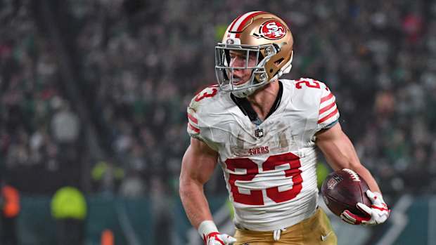 Dec 3, 2023; Philadelphia, Pennsylvania, USA; San Francisco 49ers running back Christian McCaffrey (23) makes a catch against the Philadelphia Eagles during the third quarter at Lincoln Financial Field. Mandatory Credit: Eric Hartline-USA TODAY Sports  
