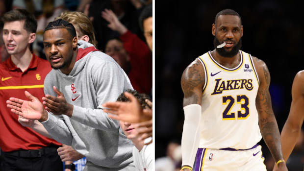 USC’s Bronny James and Los Angeles Lakers forward LeBron James.
