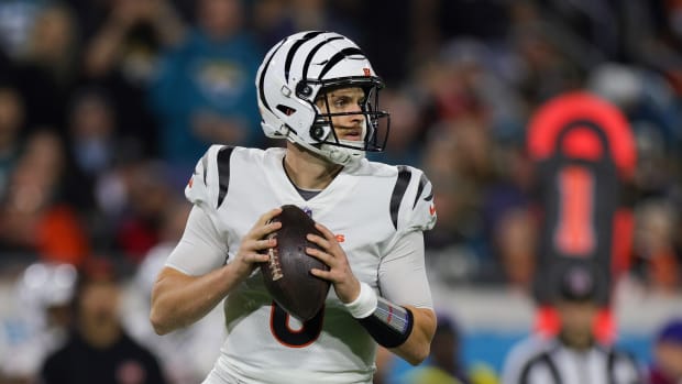 Jake Browning drops back to pass against the Jacksonville Jaguars