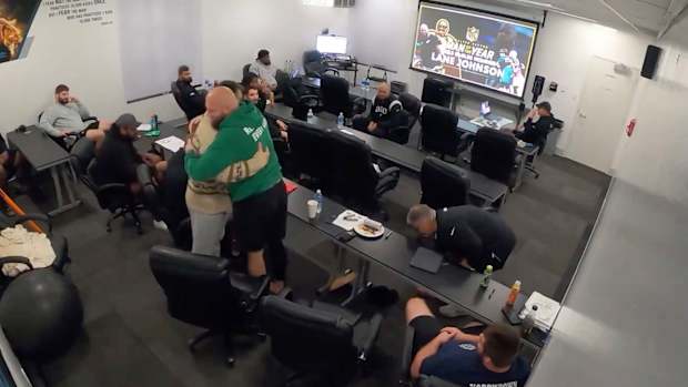 Jason Kelce hugs Lane Johnson