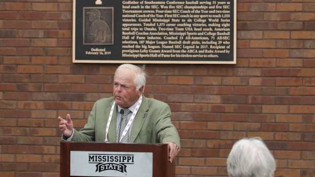 Former head coach Ron Polk speaks at the Ring Of Honor Inductee Ceremony. Mississippi State played Youngstown State on Saturday, February 16, 2019.