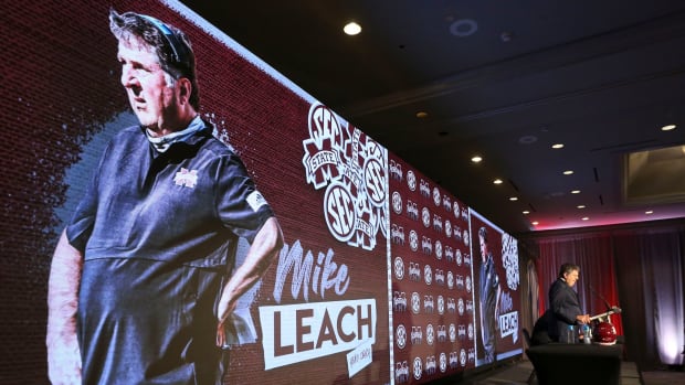 Mississippi State Head Coach Mike Leach answers questions on the main stage in the Hyatt Regency during SEC Media Days in Hoover, Ala., Wednesday, July 21, 2021.