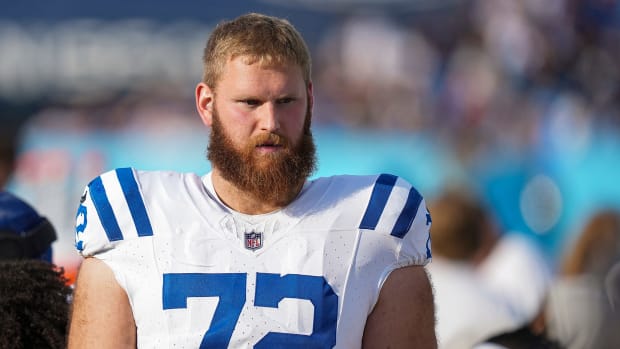 Indianapolis Colts offensive tackle Braden Smith (72) walks the sidelines Sunday, Dec. 3, 2023, during a game against the Tennessee Titans at Nissan Stadium in Nashville, Tenn.  