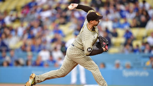May 12, 2023; Los Angeles, California, USA; San Diego Padres starting pitcher Blake Snell (4) throws against the Los Angeles Dodgers during the first inning at Dodger Stadium. Mandatory Credit: Gary A. Vasquez-USA TODAY Sports  