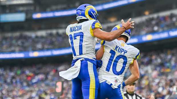 Los Angeles Rams wide receiver Cooper Kupp (10) celebrates with wide receiver Puka Nacua (17) after scoring a second quarter touchdown during the at M&T Bank Stadium. 