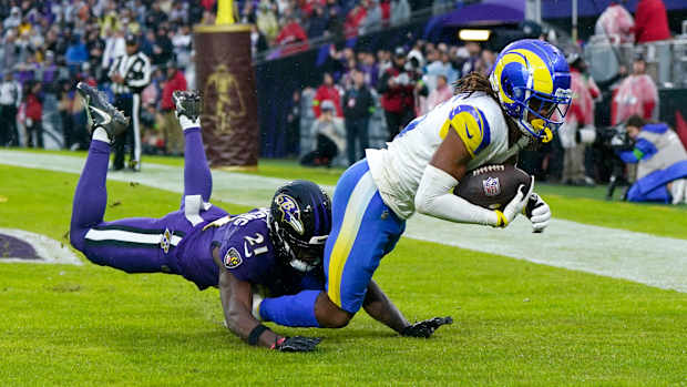 Los Angeles Rams wide receiver Demarcus Robinson (15) scores a touchdown against the Baltimore Ravens during the fourth quarter at M&T Bank Stadium.
