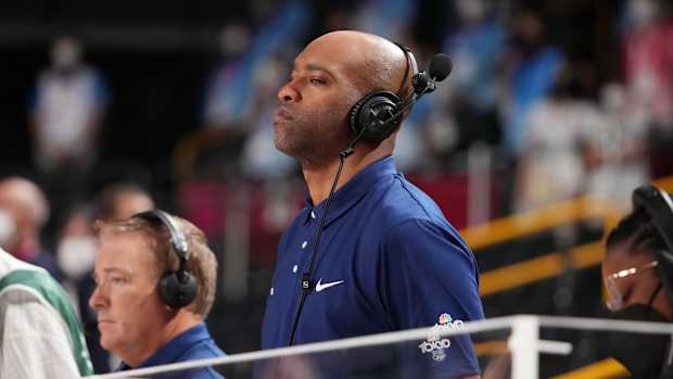 Vince Carter is seen on the sidelines