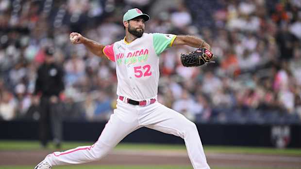 Sep 1, 2023; San Diego, California, USA; San Diego Padres starting pitcher Michael Wacha (52) throws a pitch against the San Francisco Giants during the first inning at Petco Park. Mandatory Credit: Orlando Ramirez-USA TODAY Sports  