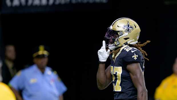 New Orleans Saints cornerback Isaac Yiadom (27) celebrates an inception