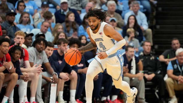 Nov 6, 2023; Chapel Hill, North Carolina, USA; North Carolina Tar Heels guard RJ Davis (4) dribbles in the second half at Dean E. Smith Center. Mandatory Credit: Bob Donnan-USA TODAY Sports