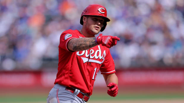 Sep 17, 2023; New York City, New York, USA; Cincinnati Reds left fielder Nick Senzel (15) rounds the bases after hitting a solo home run against the New York Mets during the fifth inning at Citi Field. Mandatory Credit: Brad Penner-USA TODAY Sports  