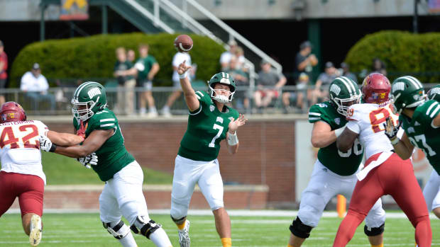 Sep 16, 2023; Athens, Ohio, USA; Ohio University Bobcats quarterback Kurtis Rourke (7) during the second quarter against the Iowa State Cyclones at Peden Stadium. Mandatory Credit: Matt Lunsford-USA TODAY Sports  