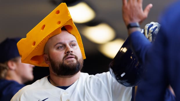 Rowdy Tellez wears the traditonal garb of Elk Grove.
