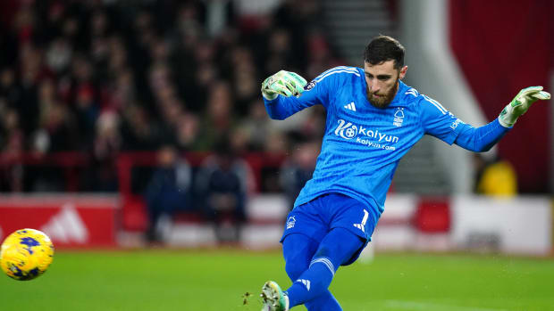 Nottingham Forest goalkeeper Matt Turner pictured during a Premier League game against Tottenham Hotspur in December 2023