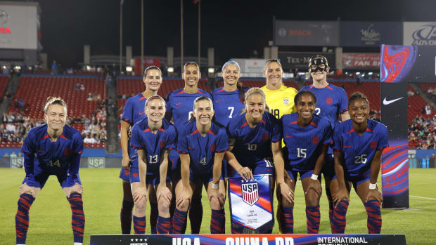 The United States women's national team pictured posing for a pre-match photo before beating China 2-1 in a friendly in Texas in December 2023