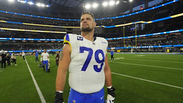 Dec 3, 2023; Inglewood, California, USA; Los Angeles Rams offensive tackle Rob Havenstein (79) reacts after the game against the Cleveland Browns at SoFi Stadium.