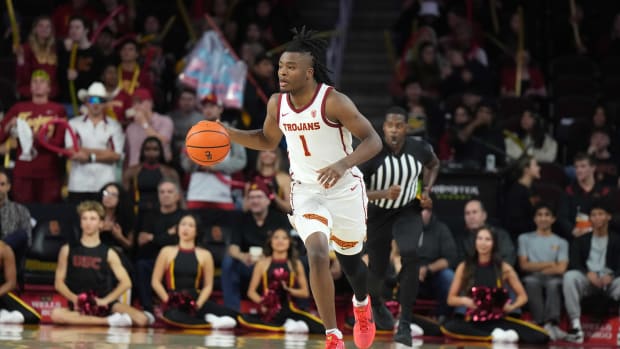 Nov 29, 2023; Los Angeles, California, USA Southern California Trojans guard Isaiah Collier (1) dribbles the ball against the Eastern Washington Eagles at the Galen Center.