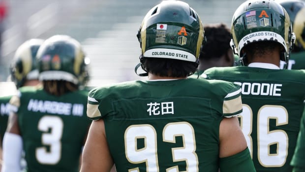 Colorado State Hidetora Hanada's nameplate on the back of his jersey appears in Japanese during a game.