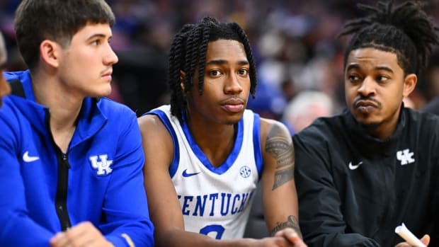 Dec 9, 2023; Philadelphia, Pennsylvania, USA; Kentucky Wildcats guard Rob Dillingham (0) looks on against the Penn Quakers in the second half at Wells Fargo Center. Mandatory Credit: Kyle Ross-USA TODAY Sports
