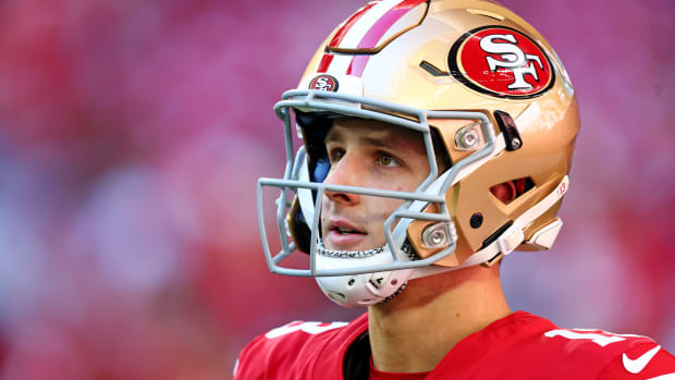 Dec 17, 2023; Glendale, Arizona, USA; San Francisco 49ers quarterback Brock Purdy (13) warms up before playing against the Arizona Cardinals at State Farm Stadium. Mandatory Credit: Mark J. Rebilas-USA TODAY Sports  