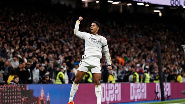 Jude Bellingham pictured celebrating after scoring for Real Madrid in a 4-1 win over Villarreal in December 2023