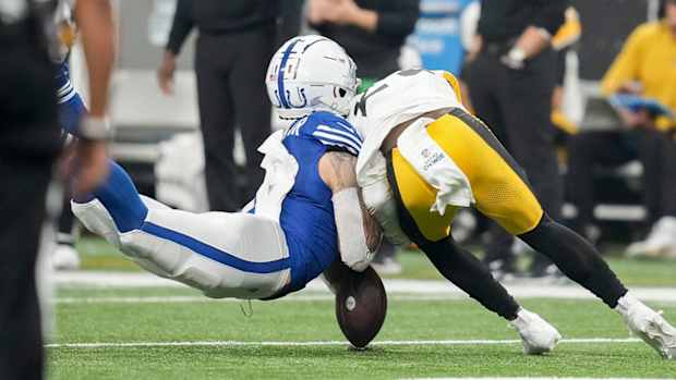 Colts wide receiver Michael Pittman Jr. (11) collides with Steelers safety Damontae Kazee (23) during a game against the Steelers at Lucas Oil Stadium in Indianapolis.