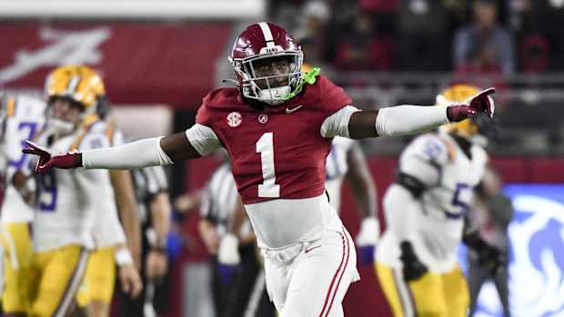 Alabama Crimson Tide defensive back Kool-Aid McKinstry (1) celebrates after a missed field goal by LSU at Bryant-Denny Stadium.