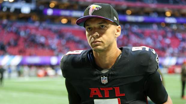 Oct 8, 2023; Atlanta, Georgia, USA; Atlanta Falcons quarterback Desmond Ridder (9) leaves the field after a victory against the Houston Texans at Mercedes-Benz Stadium.