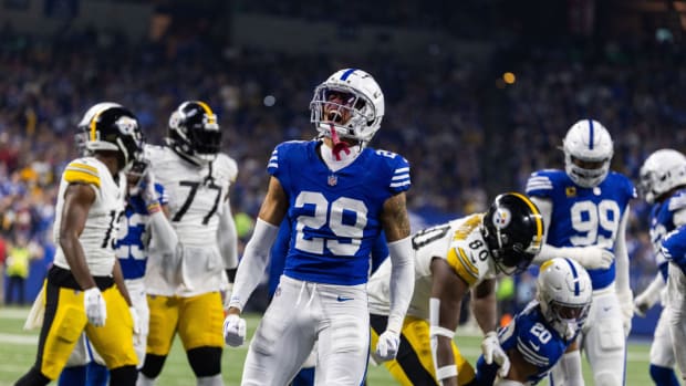 Dec 16, 2023; Indianapolis, Indiana, USA; Indianapolis Colts cornerback JuJu Brents (29) celebrates a tackle in the first half against the Pittsburgh Steelers at Lucas Oil Stadium.