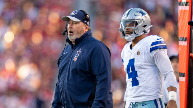 October 8, 2023; Santa Clara, California, USA; Dallas Cowboys head coach Mike McCarthy (left) and quarterback Dak Prescott (4) watch against the San Francisco 49ers during the first quarter at Levi's Stadium. Mandatory Credit: Kyle Terada-USA TODAY Sports