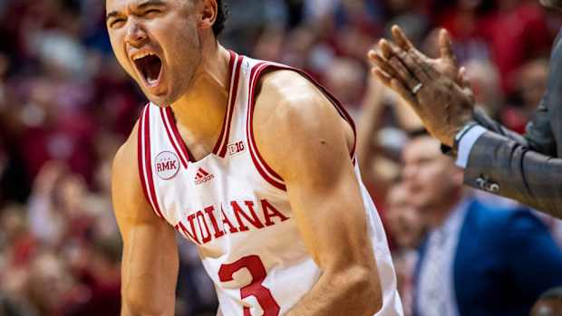 Indiana's Anthony Leal (3) celebrates during the second half of the Indiana versus Morehead State men's basketball game at Simon Skjodt Assembly Hall on Tuesday, Dec. 19, 2023.