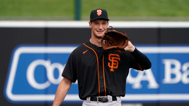 SF Giants third baseman Jacob Gonzalez in the third inning against the Oakland Athletics during a spring training game at HohoKam Stadium. (2020)