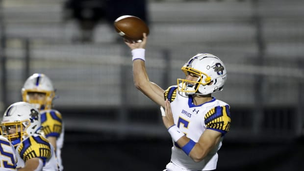 Oct 28, 2022; Dublin, Ohio, USA; Olentangy s Ethan Grunkemeyer (6) passes the ball at Dublin Jerome High School during the first round of division one high school football playoffs against Dublin Jerome.