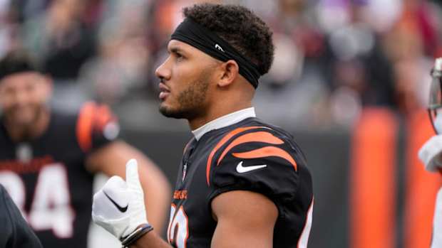 Tyler Boyd takes the field for warmups ahead of a game.