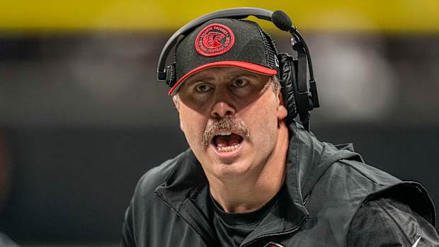 Sep 10, 2023; Atlanta, Georgia, USA; Atlanta Falcons head coach Arthur Smith reacts to a call during the game against the Carolina Panthers during the second half at Mercedes-Benz Stadium.