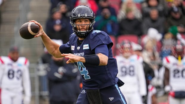 Nov 13, 2022; Toronto, Ontario, CAN; Toronto Argonauts quarterback McLeod Bethel-Thompson (4) looks to throw a pass against the Montreal Alouettes during the first half at BMO Field. Mandatory Credit: John E. Sokolowski-USA TODAY Sports  