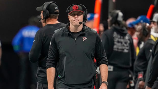 Atlanta Falcons head coach Arthur Smith on the sideline during the game against the Indianapolis Colts during the second half at Mercedes-Benz Stadium.
