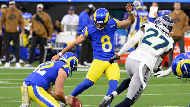 Nov 19, 2023; Inglewood, California, USA; Los Angeles Rams place kicker Lucas Havrisik (8) kicks a field goal in the fourth quarter against the Seattle Seahawks at SoFi Stadium.