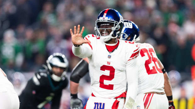Dec 25, 2023; Philadelphia, Pennsylvania, USA; New York Giants quarterback Tyrod Taylor (2) calls a play during the third quarter against the Philadelphia Eagles at Lincoln Financial Field.