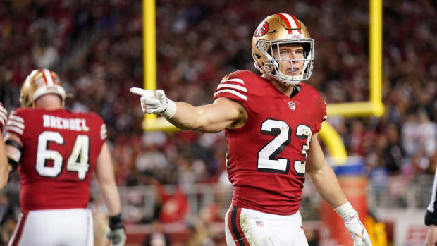 Dec 25, 2023; Santa Clara, California, USA; San Francisco 49ers running back Christian McCaffrey (23) reacts after a play against the Baltimore Ravens in the third quarter at Levi's Stadium. Mandatory Credit: Cary Edmondson-USA TODAY Sports  