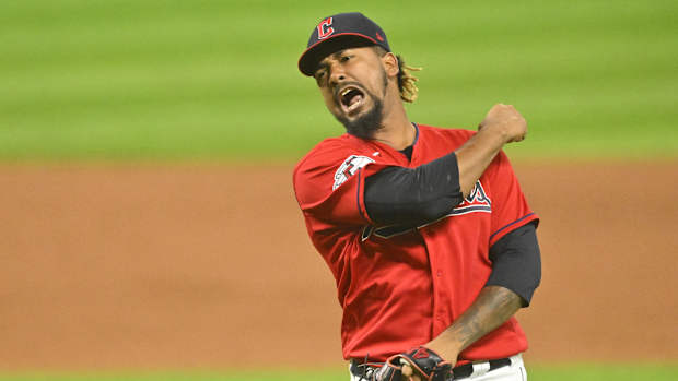 Sep 12, 2022; Cleveland, Ohio, USA; Cleveland Guardians relief pitcher Emmanuel Clase (48) celebrates a win over the Los Angeles Angels at Progressive Field. Mandatory Credit: David Richard-USA TODAY Sports