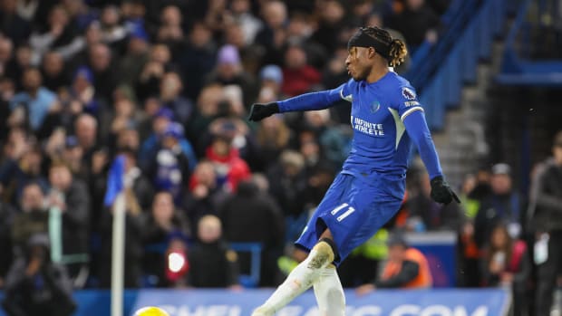 Noni Madueke pictured converting a penalty kick to score the winning goal for Chelsea in a 2-1 victory over Crystal Palace in December 2023
