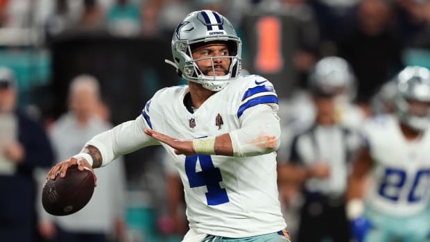 Dallas Cowboys quarterback Dak Prescott (4) attempts a pass against the Miami Dolphins during the second half at Hard Rock Stadium in 2023.