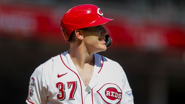 Sep 1, 2023; Cincinnati, Ohio, USA; Cincinnati Reds catcher Tyler Stephenson (37) reacts after striking out against the Chicago Cubs in the eighth inning at Great American Ball Park. Mandatory Credit: Katie Stratman-USA TODAY Sports  