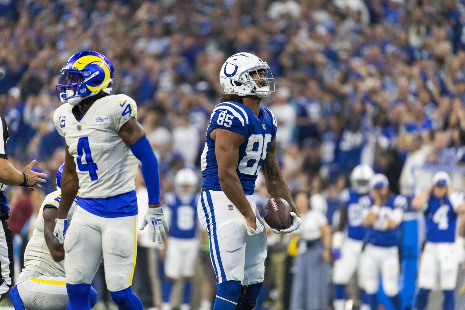Oct 1, 2023; Indianapolis, Indiana, USA; Indianapolis Colts tight end Drew Ogletree (85) celebrates his catch in the second half against the Los Angeles Rams at Lucas Oil Stadium.
