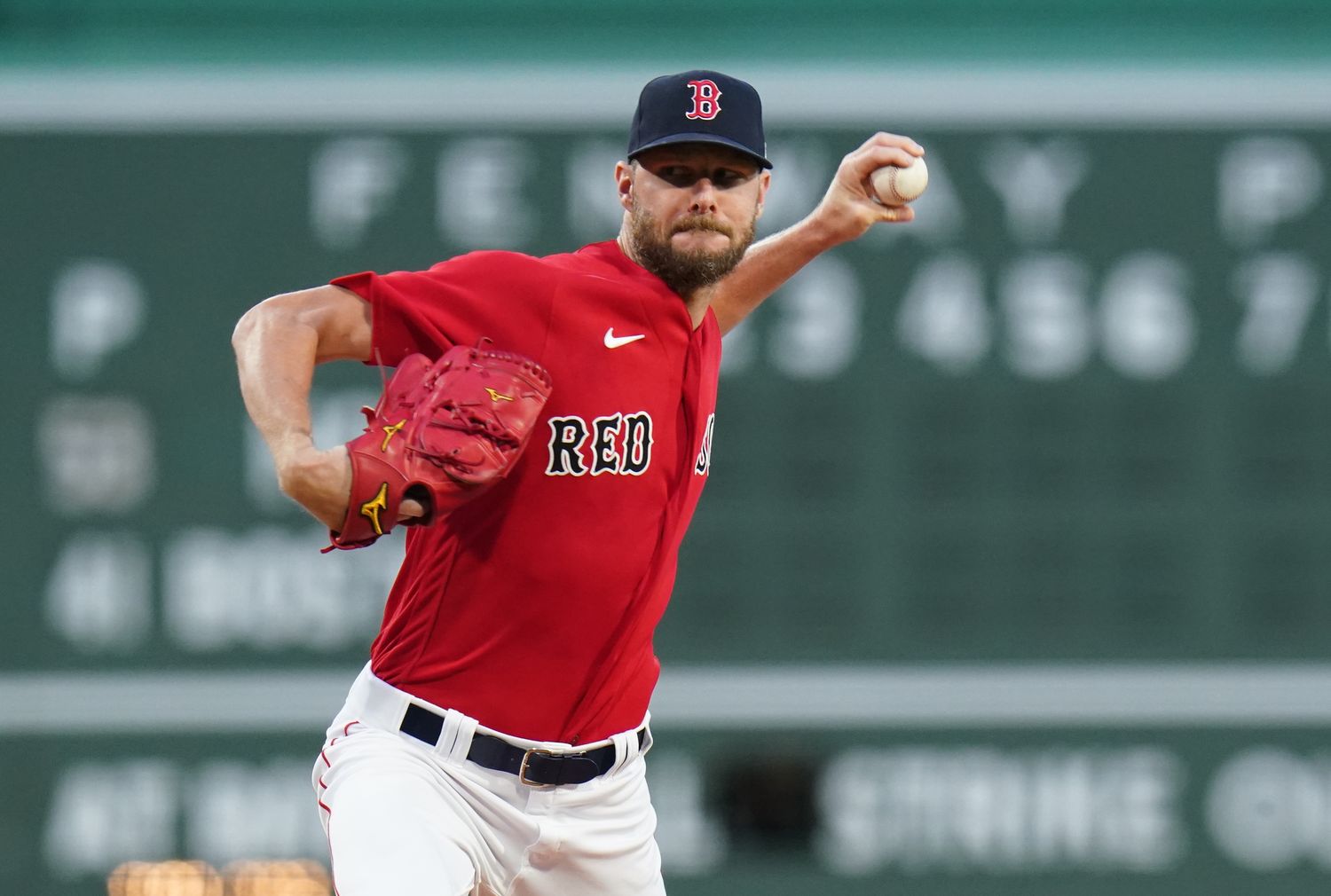Aug 28, 2023; Boston, Massachusetts, USA; Boston Red Sox starting pitcher Chris Sale (41) throws a pitch against the Houston Astros in the first inning at Fenway Park.