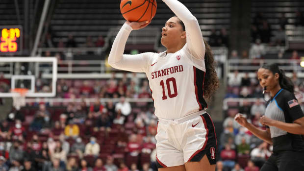 Jan 20, 2023; Stanford, California, USA; Stanford Cardinal guard Talana Lepolo (10) shoots against the Utah Utes during the first quarter at Maples Pavilion. Mandatory Credit: Darren Yamashita-USA TODAY Sports