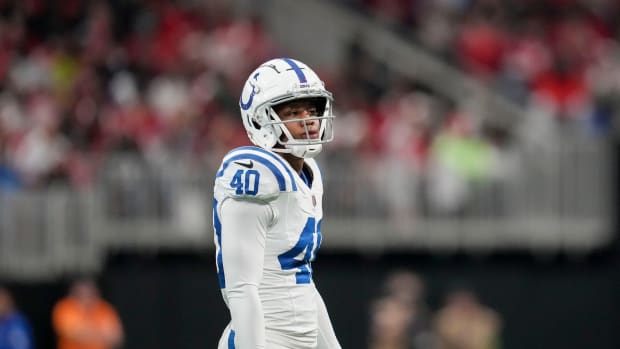 Indianapolis Colts cornerback Jaylon Jones (40) stands on the field Sunday, Dec. 24, 2023, during a game against the Atlanta Falcons at Mercedes-Benz Stadium in Atlanta.  